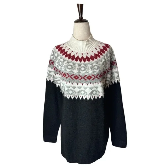 J Jill Sweater Women Medium Petite Black‎ Ivory Fair Isle Nordic Knit Mock Neck - Picture 2 of 12